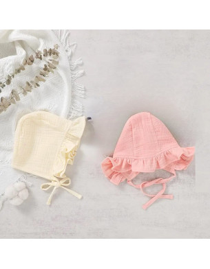 Organic Cotton Vintage Muslin Baby Bonnet white pink 